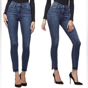 Good American Good Waist Side Slit Ankle Skinny Jeans Raw Hem Dark Wash